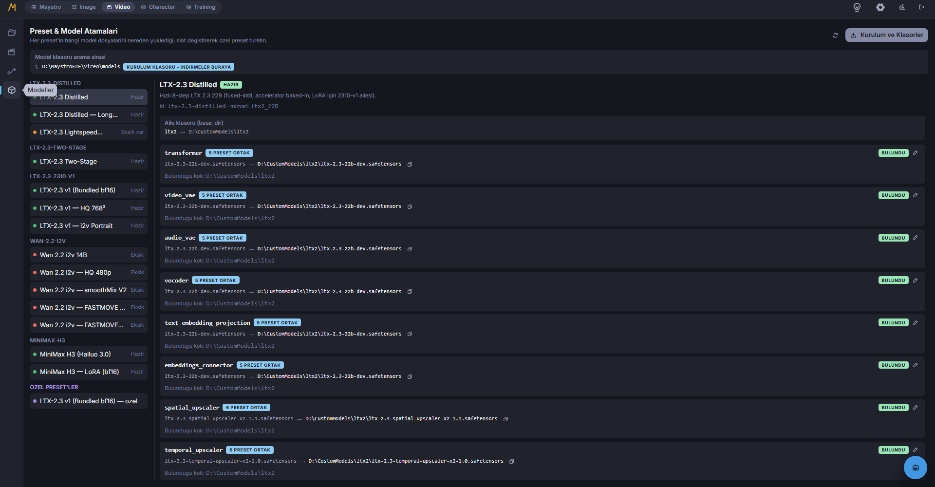 Maystro model and preset management page with per-slot file report